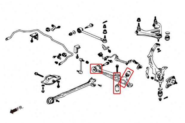 Draagarmbussen achterzijde onder - Gehard rubberen bussen Hardrace Honda Prelude