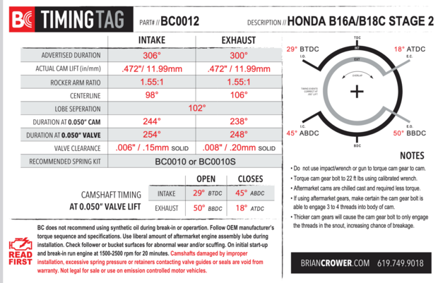 Camshafts - Stage 2 Brian Crower Honda B-series
