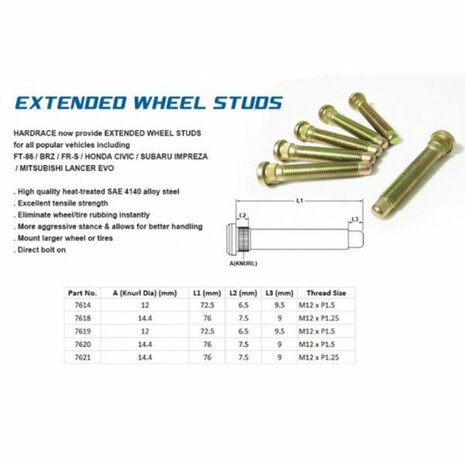 extended wheel bolt TOYOTA FT86/FR-S/BRZ EXTENDED WHEEL STUDS M12xP1.25 Hardrace Subaru