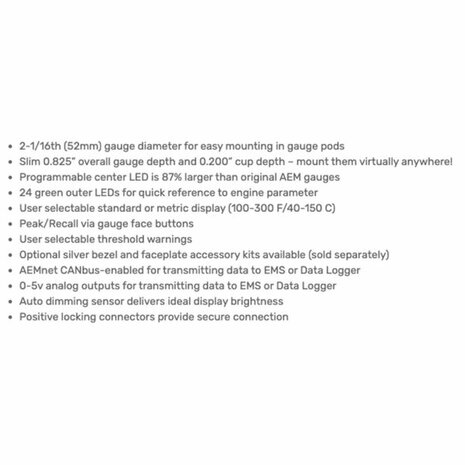 temp&eacute;rature huile/eau/transmission. m&egrave;tre 52mm 100-300&deg;f / 40-150&deg;C AEM Electronics X-Series